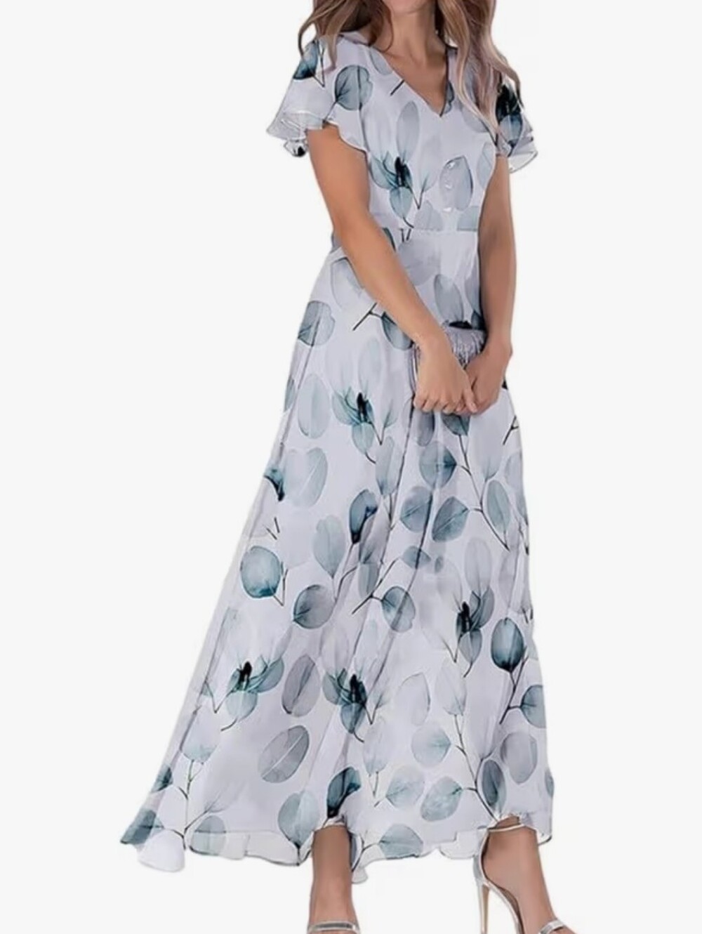 White Maxi Dress with Teal Leaf Print - V-Neck Flutter Sleeve